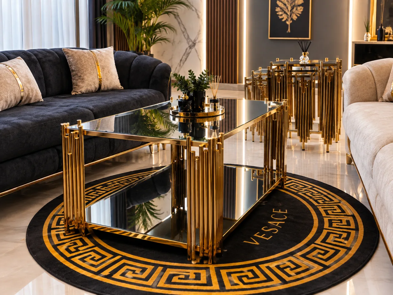 3+1 Çift Camlı Gold Sehpa Takımı